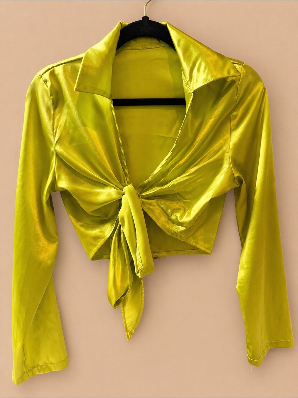 Lime Green Satin Tie Front Crop Top Long Sleeve Blouse Y2K